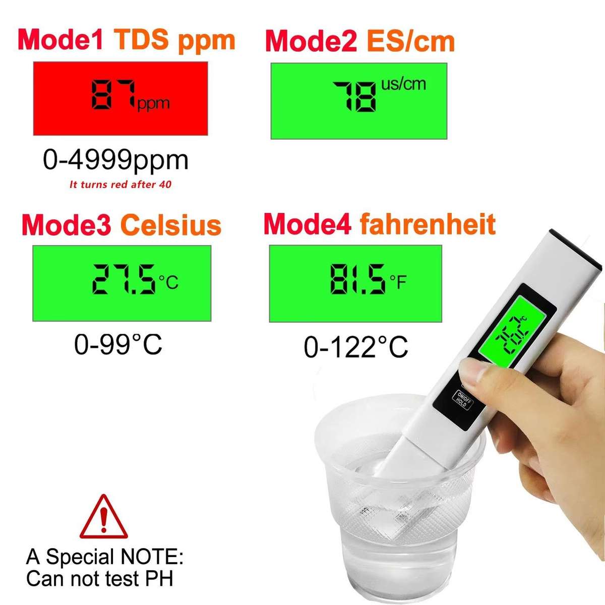 Dual-Color Smart Backlight Water Quality Tester Pen 3-in-1 TDS Meter Conductivity & Temperature Dete