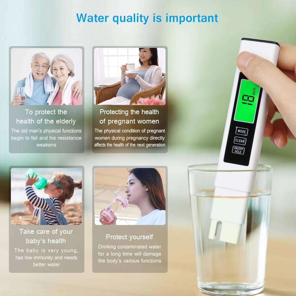 Dual-Color Smart Backlight Water Quality Tester Pen 3-in-1 TDS Meter Conductivity & Temperature Dete