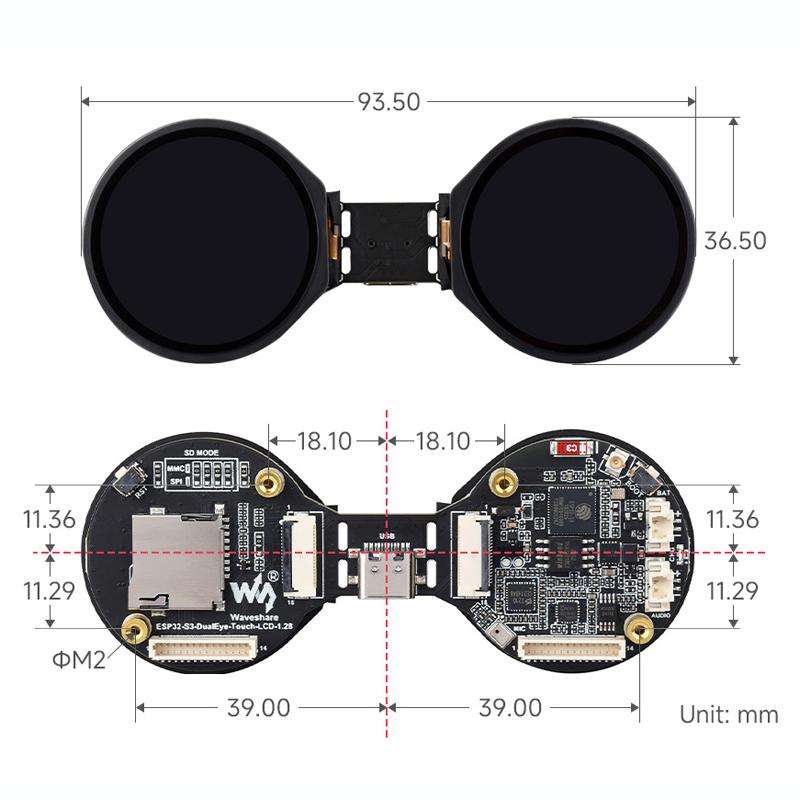 WAVESHARE ESP32-S3 Double Eye 1.28 Inch Round LCD AIoT Development Board, Supports Wi-Fi / Bluetooth