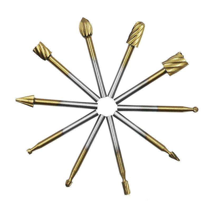 10pcs HSS Titanium Plated Rotary File Woodworking Milling Cutter Wood Carving Cutter