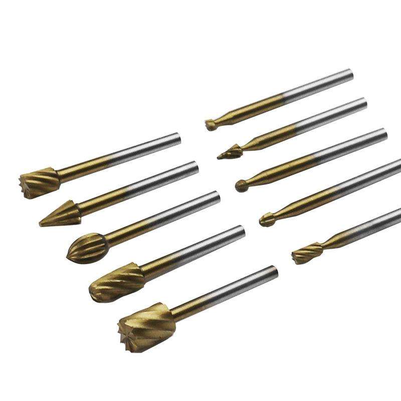 10pcs HSS Titanium Plated Rotary File Woodworking Milling Cutter Wood Carving Cutter