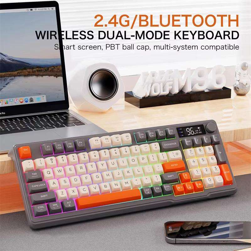 FREE WOLF M96 Wireless Bluetooth Dual-Mode Russian Keyboard PBT Dome Display Gaming Keyboard(Micro L