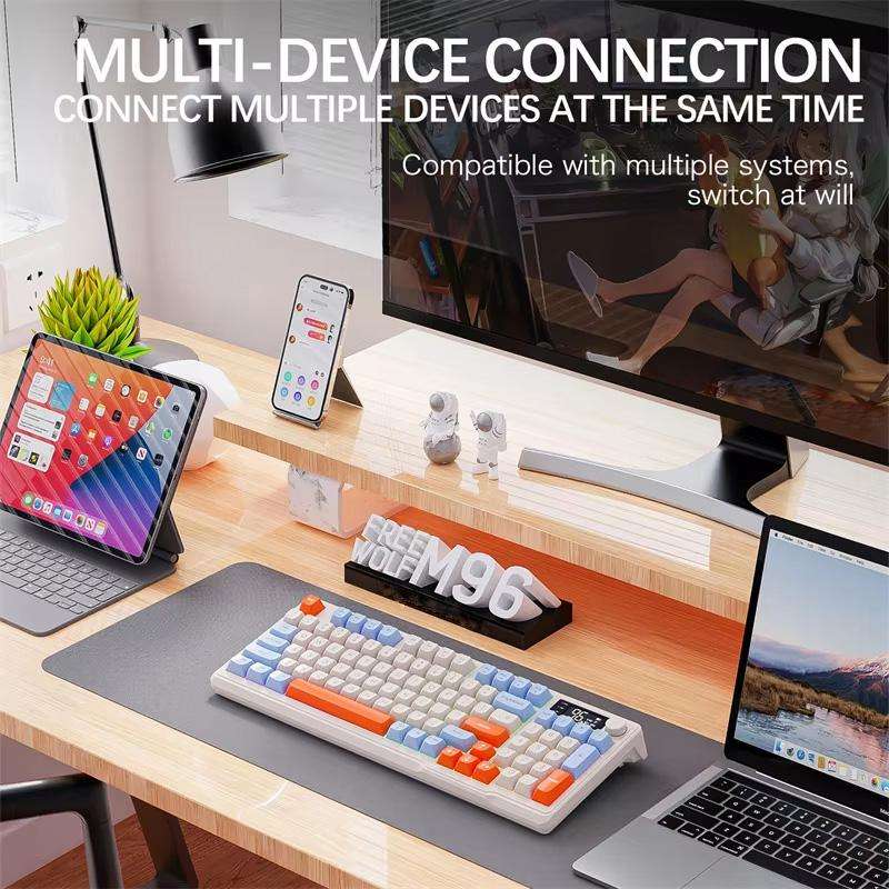 FREE WOLF M96 Wireless Bluetooth Dual-Mode Russian Keyboard PBT Dome Display Gaming Keyboard(Micro L