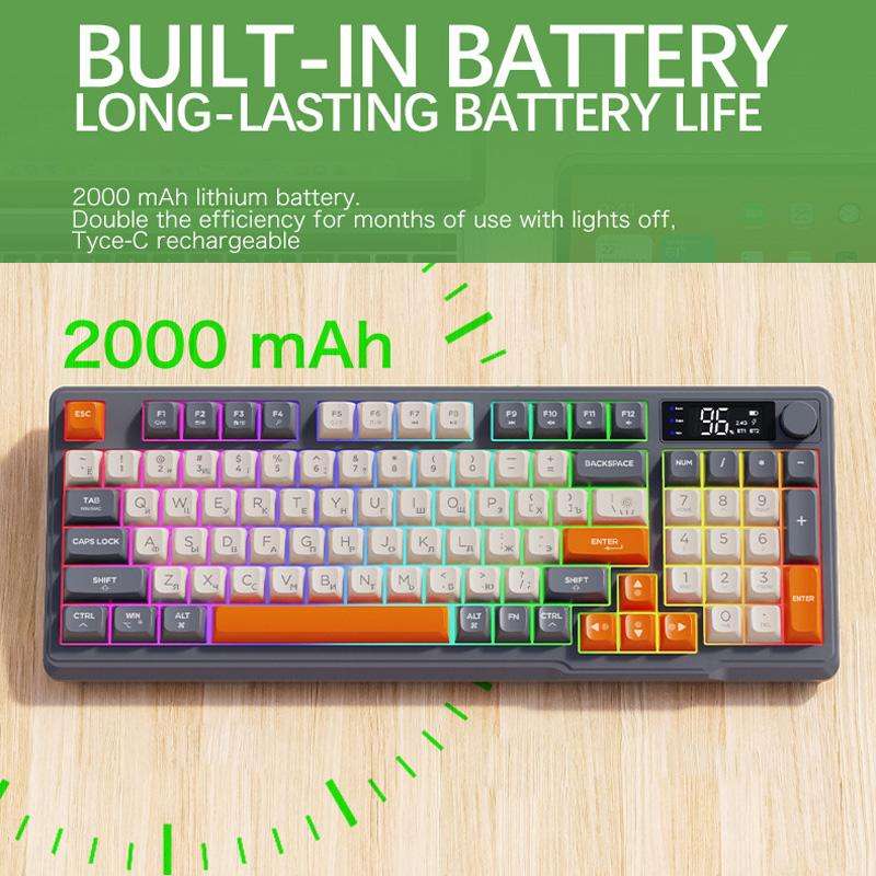 FREE WOLF M96 Wireless Bluetooth Dual-Mode Russian Keyboard PBT Dome Display Gaming Keyboard(Micro L