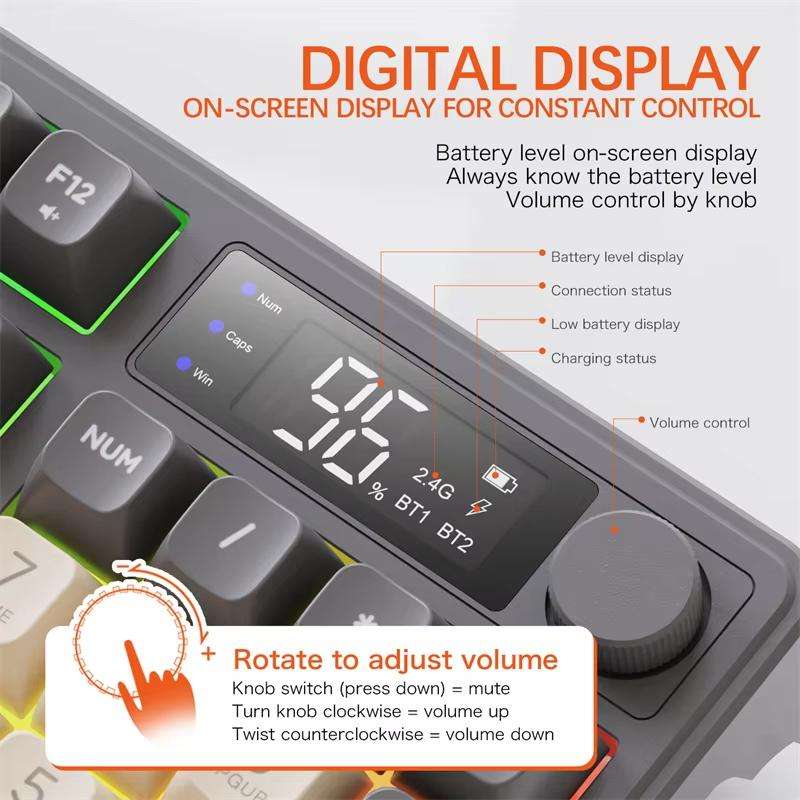 FREE WOLF M96 Wireless Bluetooth Dual-Mode Russian Keyboard PBT Dome Display Gaming Keyboard(Micro L