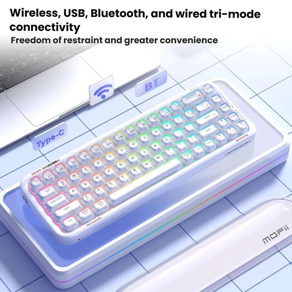 MOFii 711 Pearl Semi-Transparent Triple-Mode Bluetooth RGB Backlit Wireless Keyboard(White)