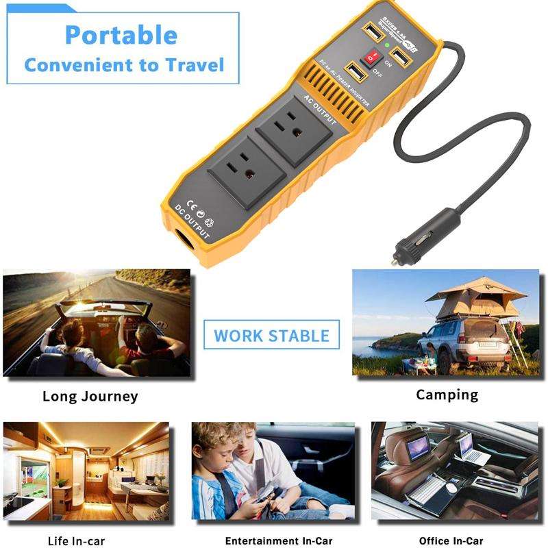 3-USB Dual-Socket Car Power Inverter Vehicle Power Converter EU Plug 12V To 220V