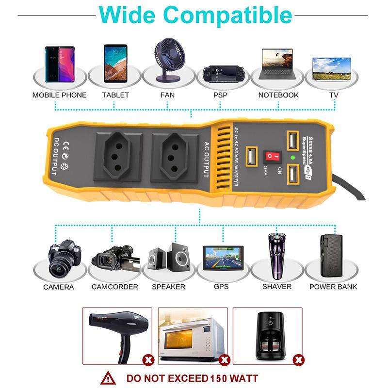 3-USB Dual-Socket Car Power Inverter Vehicle Power Converter EU Plug 12V To 220V