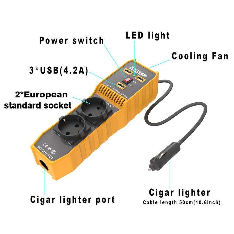 3-USB Dual-Socket Car Power Inverter Vehicle Power Converter EU Plug 12V To 220V