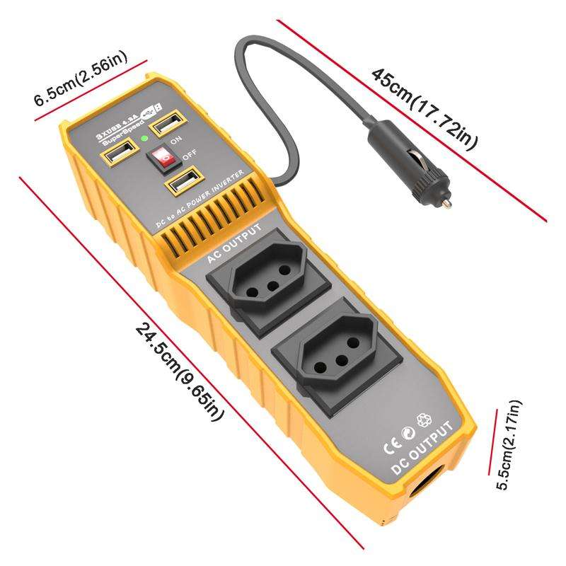 3-USB Dual-Socket Car Power Inverter Vehicle Power Converter EU Plug 12V To 220V