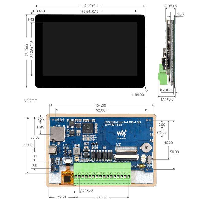 WAVESHARE RP2350 4.3inch Capacitive Touch Display Development Board, Spec: Without Case