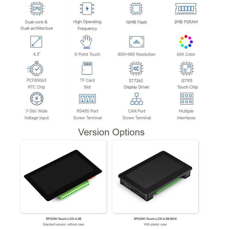 WAVESHARE RP2350 4.3inch Capacitive Touch Display Development Board, Spec: Without Case