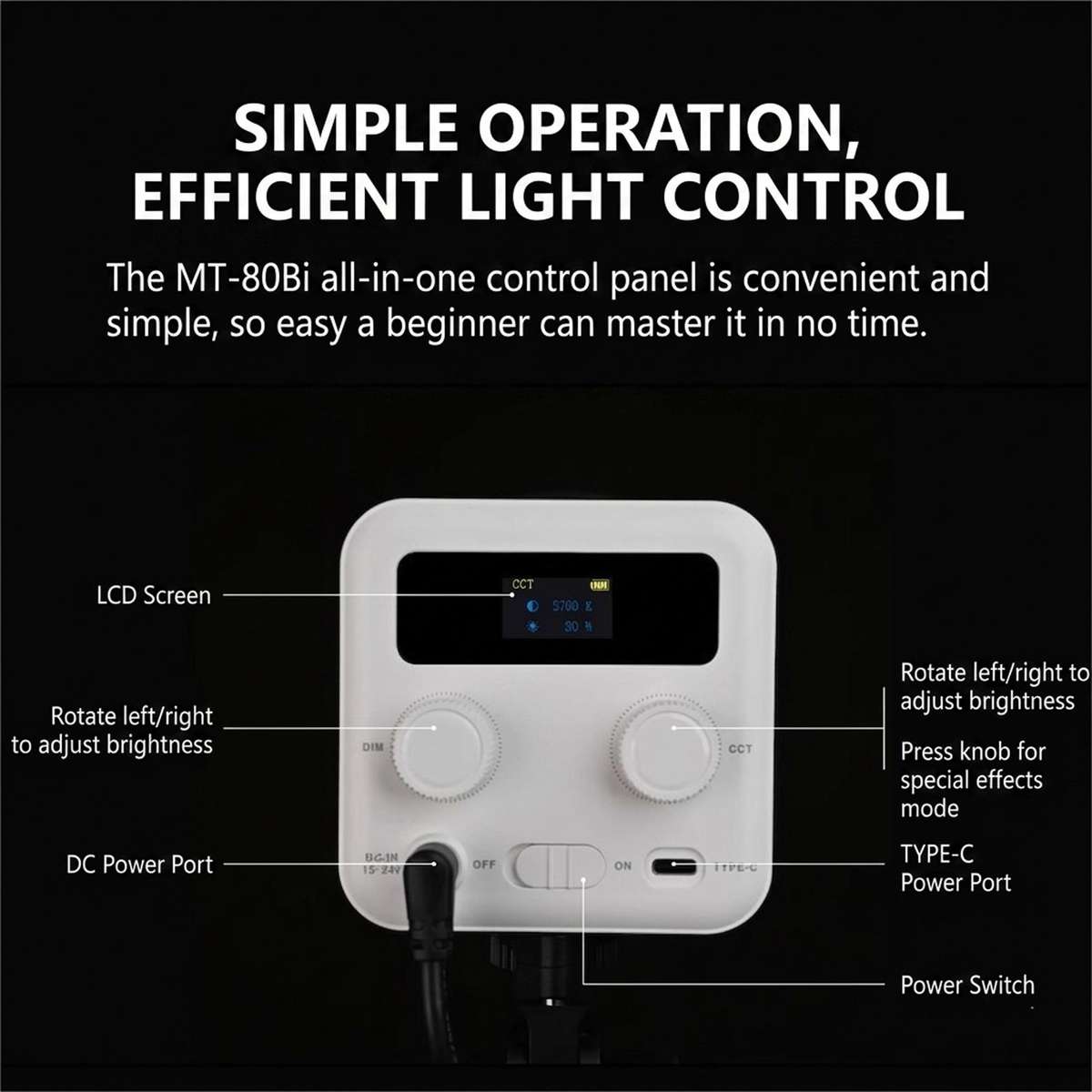 DENGWEI MT-80Bi 80W COB Video Light 2700K-6500K Bi-Color LED Continuous Output Lighting CRI 96+ Stud