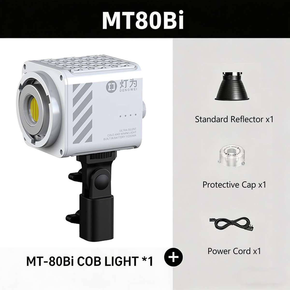 DENGWEI MT-80Bi 80W COB Video Light 2700K-6500K Bi-Color LED Continuous Output Lighting CRI 96+ Stud
