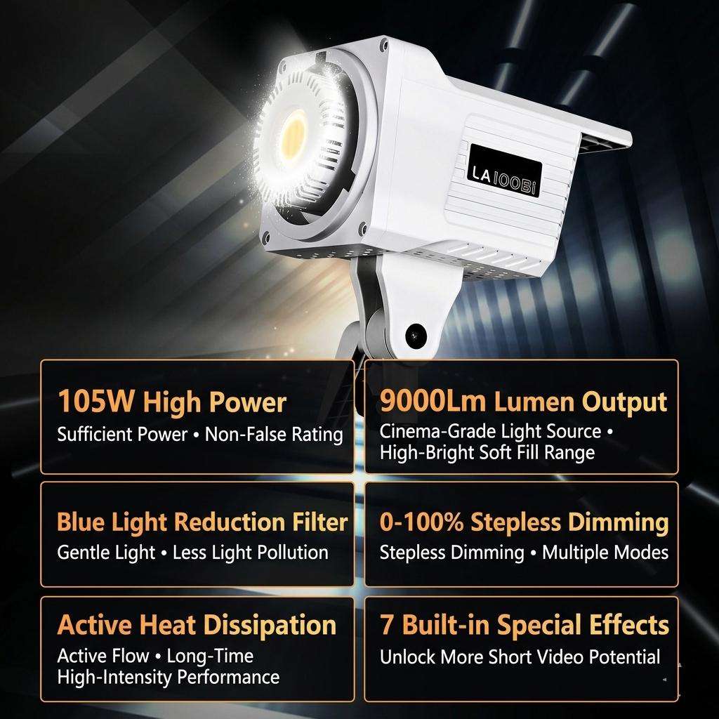 DENGWEI LA100Bi 100W LED Video Light COB Continuous Output Lighting For Live Streaming, 2700K-6500K