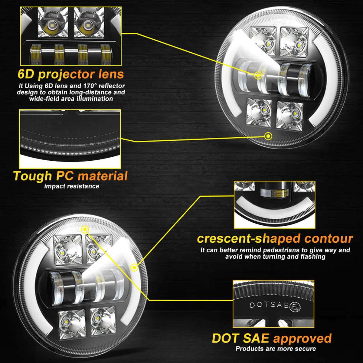 M4 7-Inch Quad Reflector Crescent Headlights For Jeep Wrangler(C0058)