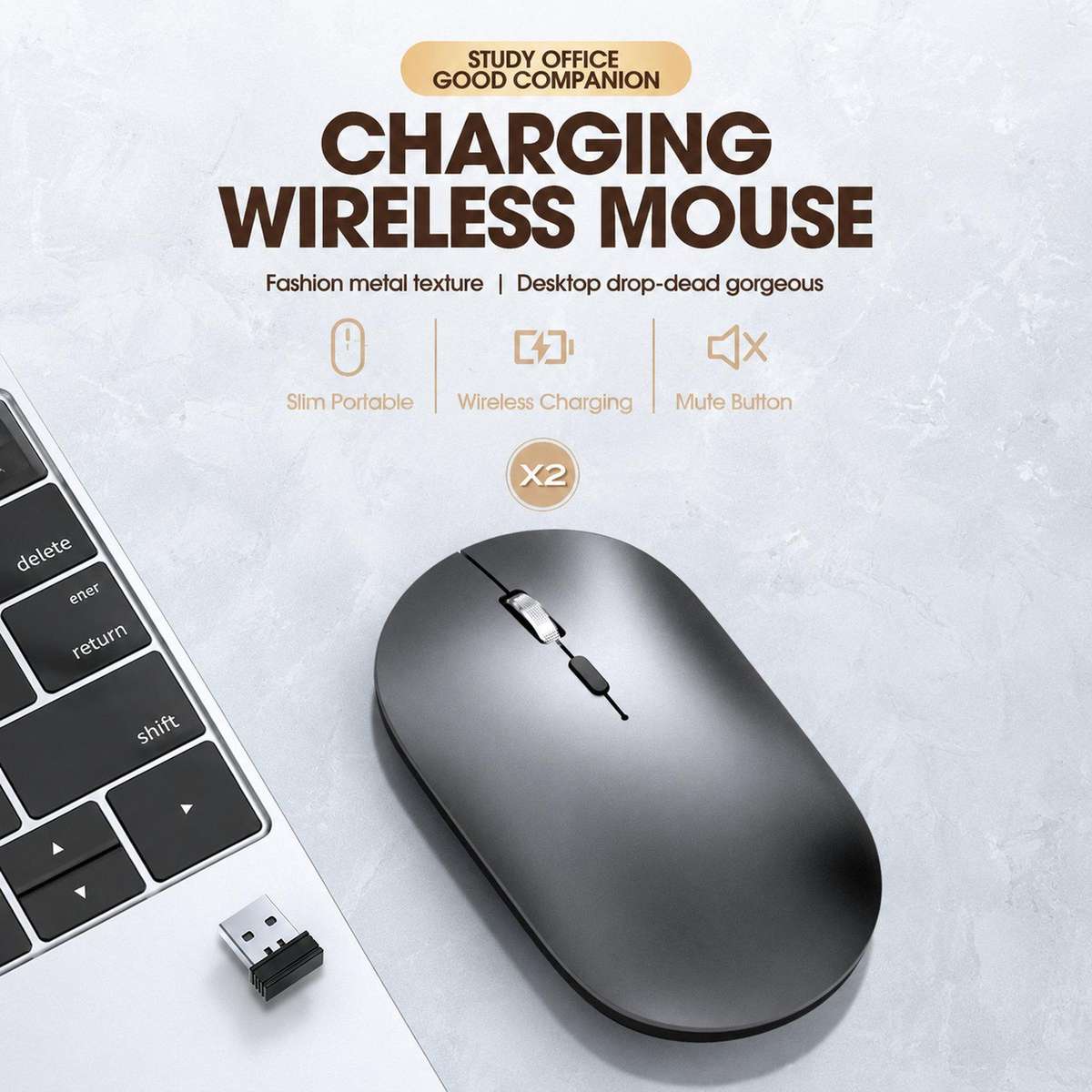 Dual Mode Wireless Bluetooth Mouse Type-C Rechargeable Slim Silent Mouse with 3D Alloy Scroll Wheel