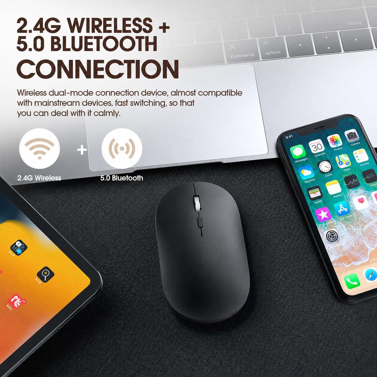 Dual Mode Wireless Bluetooth Mouse Type-C Rechargeable Slim Silent Mouse with 3D Alloy Scroll Wheel