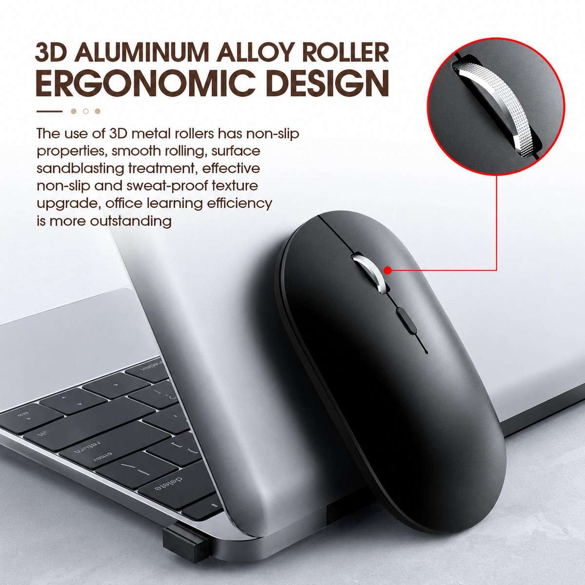 Dual Mode Wireless Bluetooth Mouse Type-C Rechargeable Slim Silent Mouse with 3D Alloy Scroll Wheel