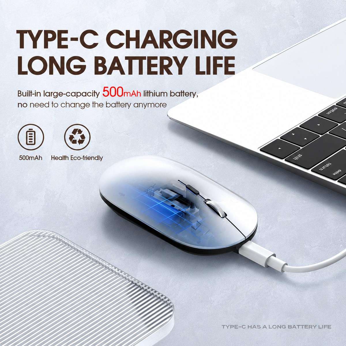 Dual Mode Wireless Bluetooth Mouse Type-C Rechargeable Slim Silent Mouse with 3D Alloy Scroll Wheel