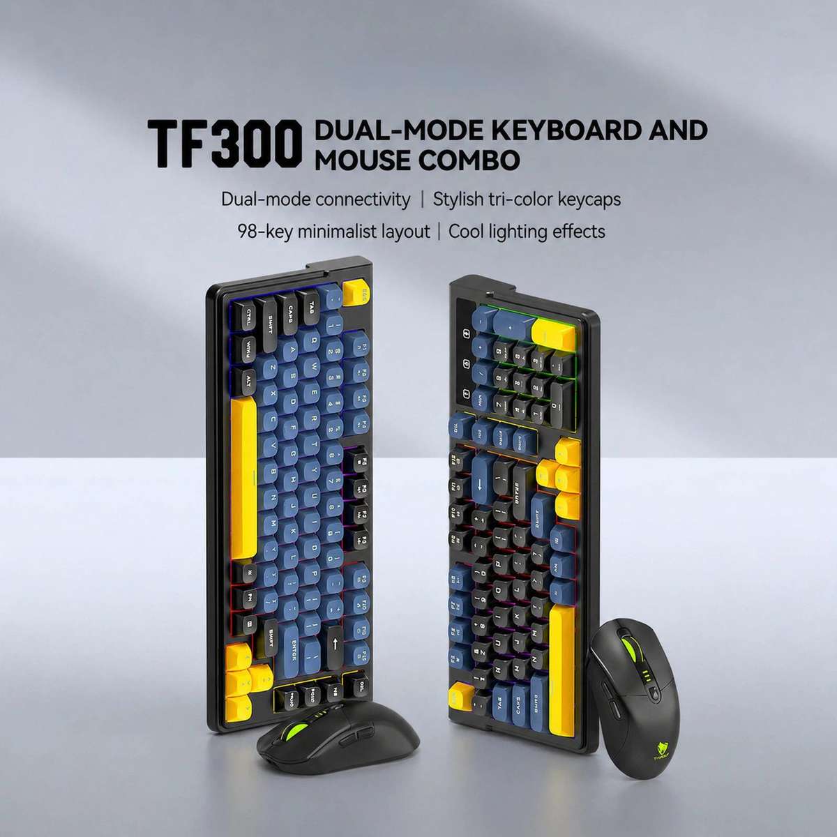 T-WOLF TF300 Rechargeable Wireless Keyboard and Mouse Combo 2.4G/Bluetooth Dual Mode 98-Key Compact