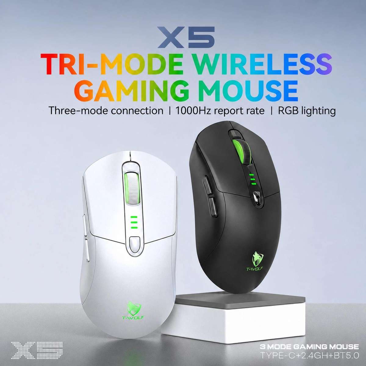 T-WOLF X5 Tri-Mode Wireless Gaming Mouse 12800 DPI Adjustable Rechargeable Gamer Mouse With RGB Back