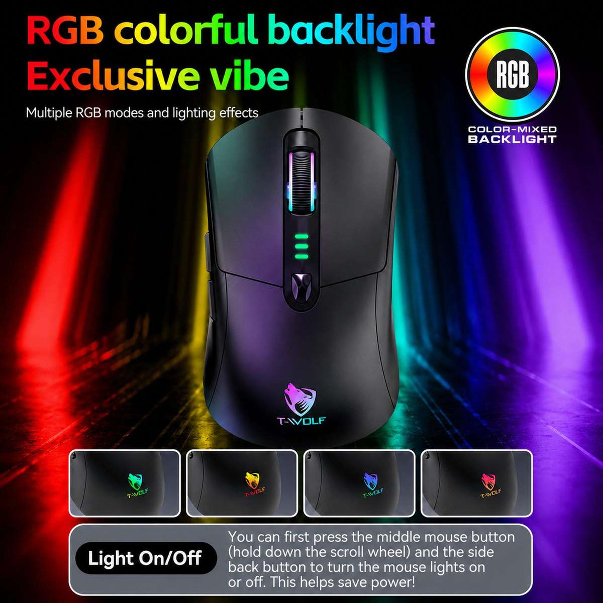 T-WOLF X5 Tri-Mode Wireless Gaming Mouse 12800 DPI Adjustable Rechargeable Gamer Mouse With RGB Back