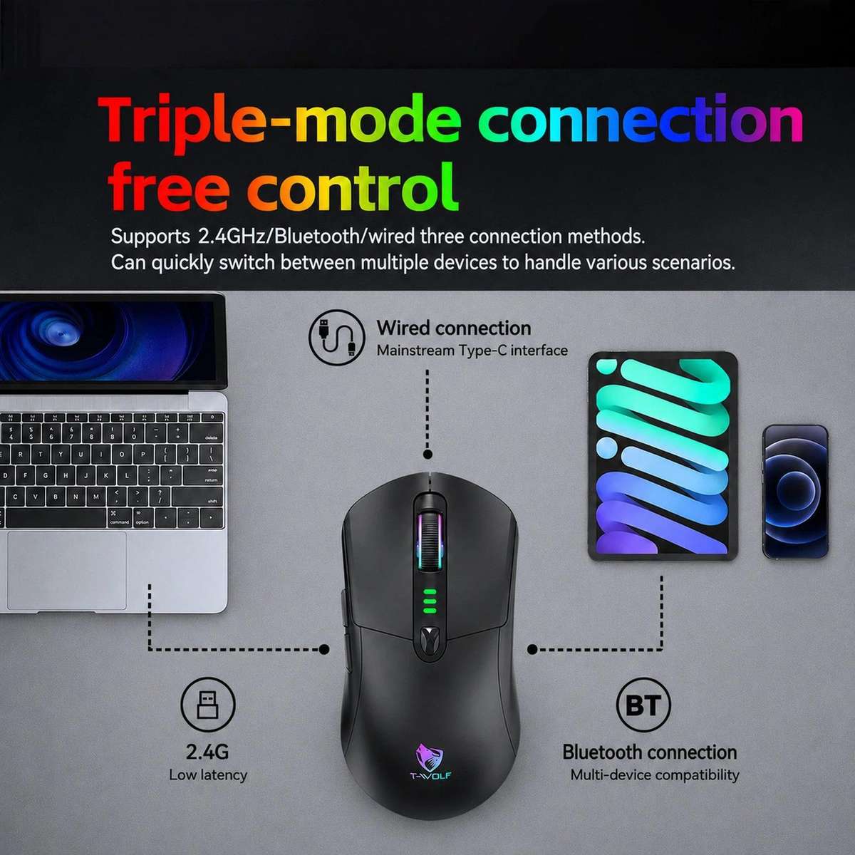 T-WOLF X5 Tri-Mode Wireless Gaming Mouse 12800 DPI Adjustable Rechargeable Gamer Mouse With RGB Back