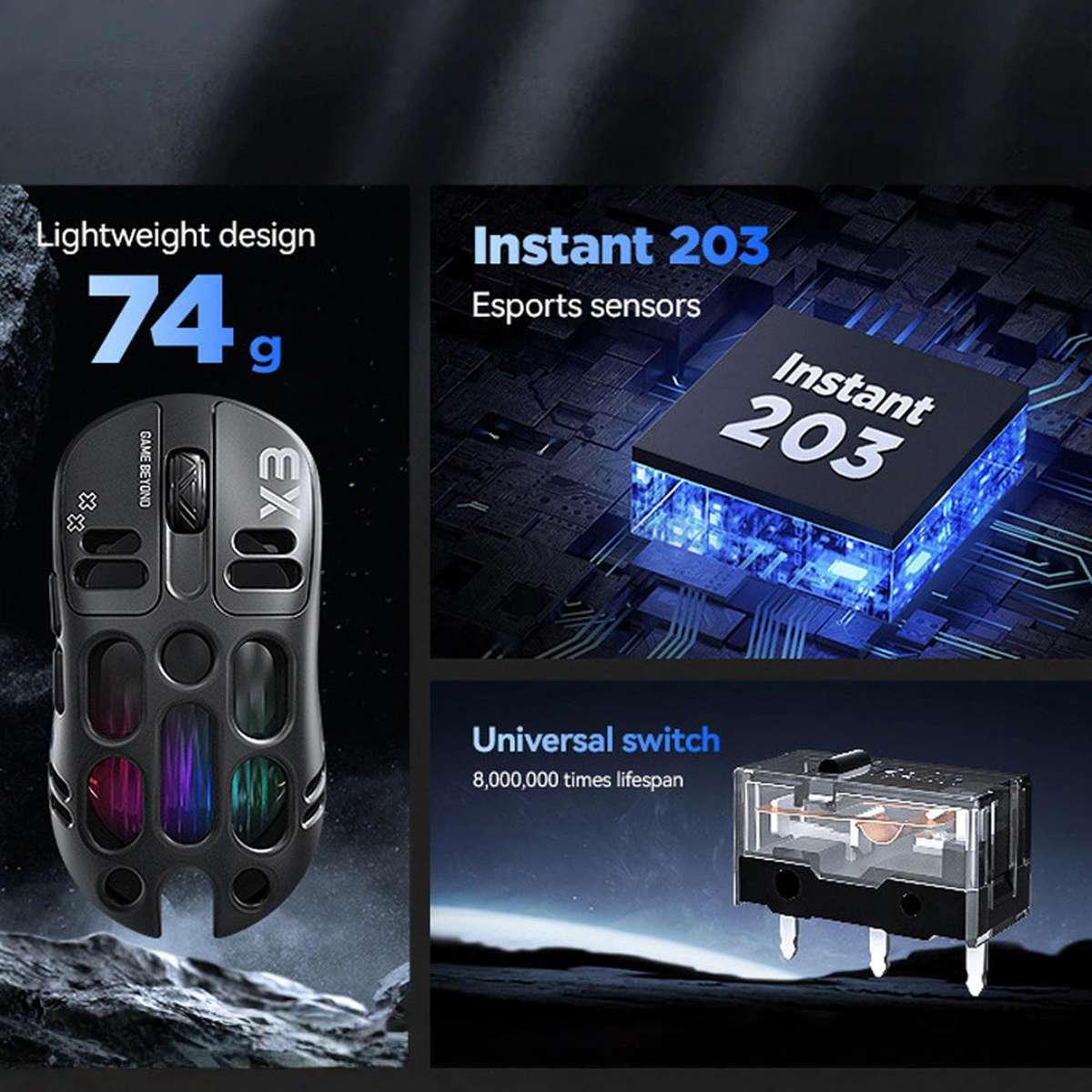 T-WOLF X3 Tri-Mode Wireless Gaming Mouse Ultra-Lightweight Hollow-Out Honeycomb Shell 8000 DPI(Black