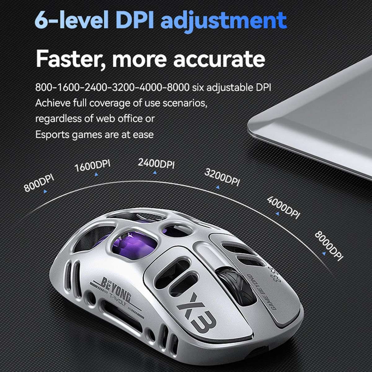 T-WOLF X3 Tri-Mode Wireless Gaming Mouse Ultra-Lightweight Hollow-Out Honeycomb Shell 8000 DPI(Black