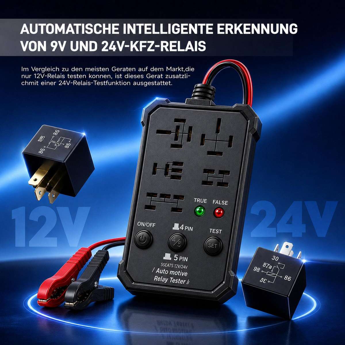 12V 24V Automotive Relay Tester 5-Socket Universal 4-Pin & 5-Pin Auto Relay Diagnostic Tool(Black)
