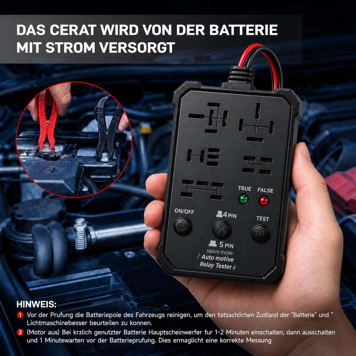 12V 24V Automotive Relay Tester 5-Socket Universal 4-Pin & 5-Pin Auto Relay Diagnostic Tool(Black)