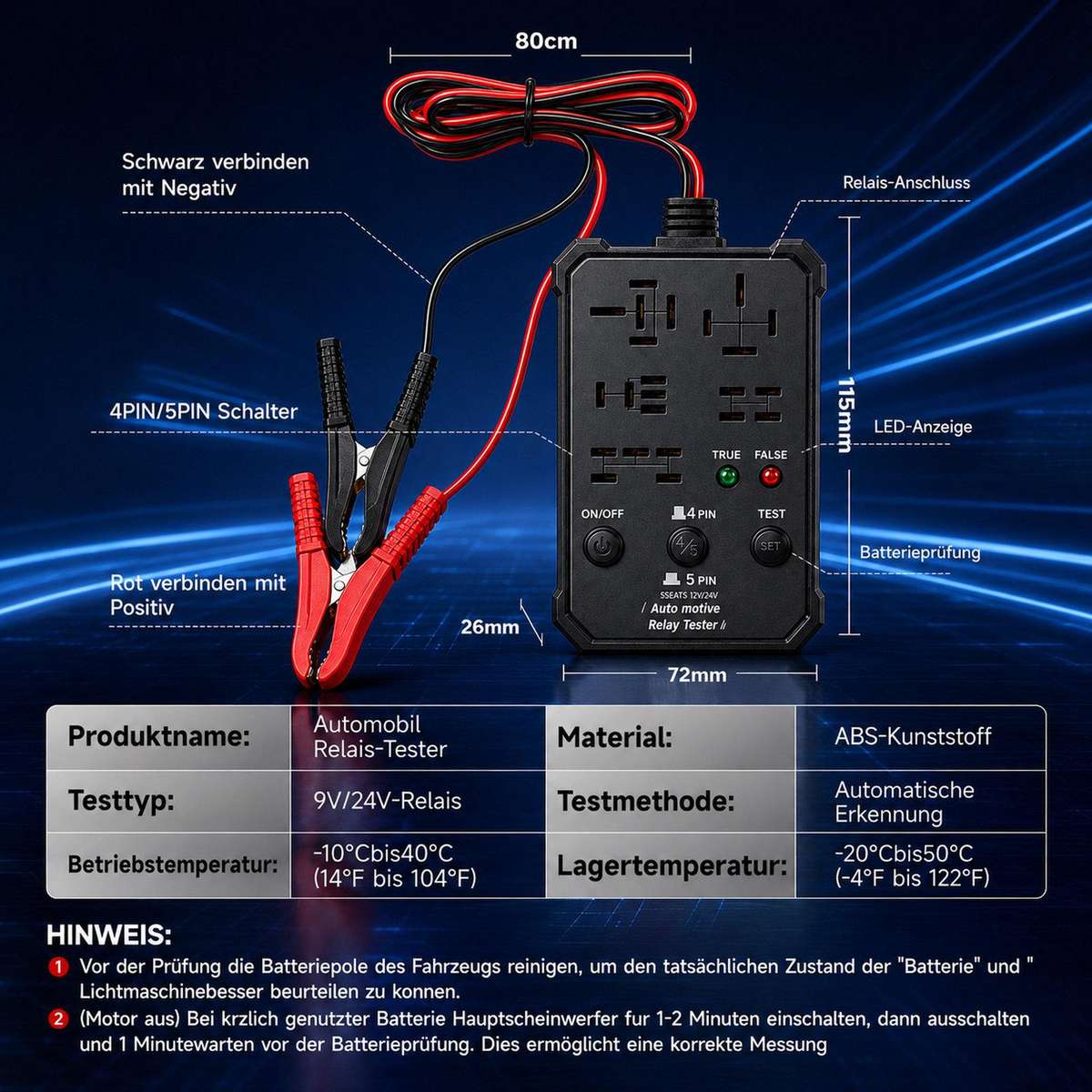 12V 24V Automotive Relay Tester 5-Socket Universal 4-Pin & 5-Pin Auto Relay Diagnostic Tool(Black)