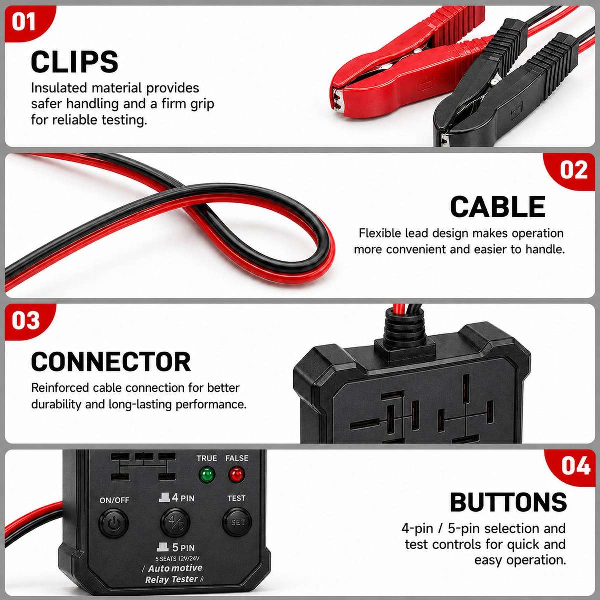12V 24V Automotive Relay Tester 5-Socket Universal 4-Pin & 5-Pin Auto Relay Diagnostic Tool(Black)