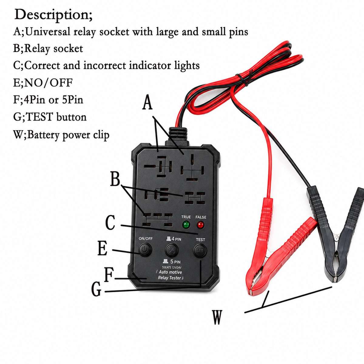 12V 24V Automotive Relay Tester 5-Socket Universal 4-Pin & 5-Pin Auto Relay Diagnostic Tool(Black)