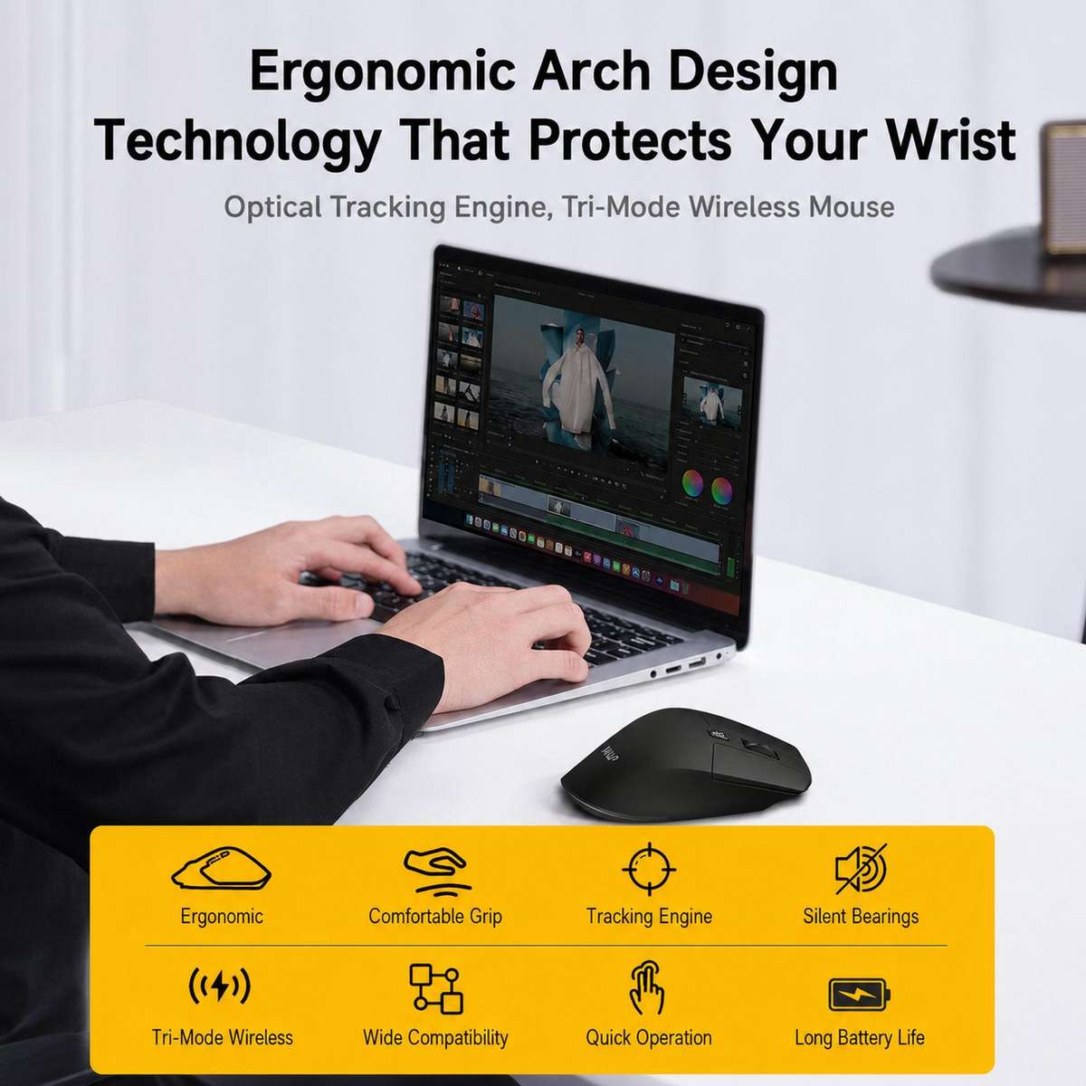 W&P M-WB2 Wireless Ergonomic Mouse Tri-Mode Bluetooth & 2.4G Silent Computer Mouse(Black)