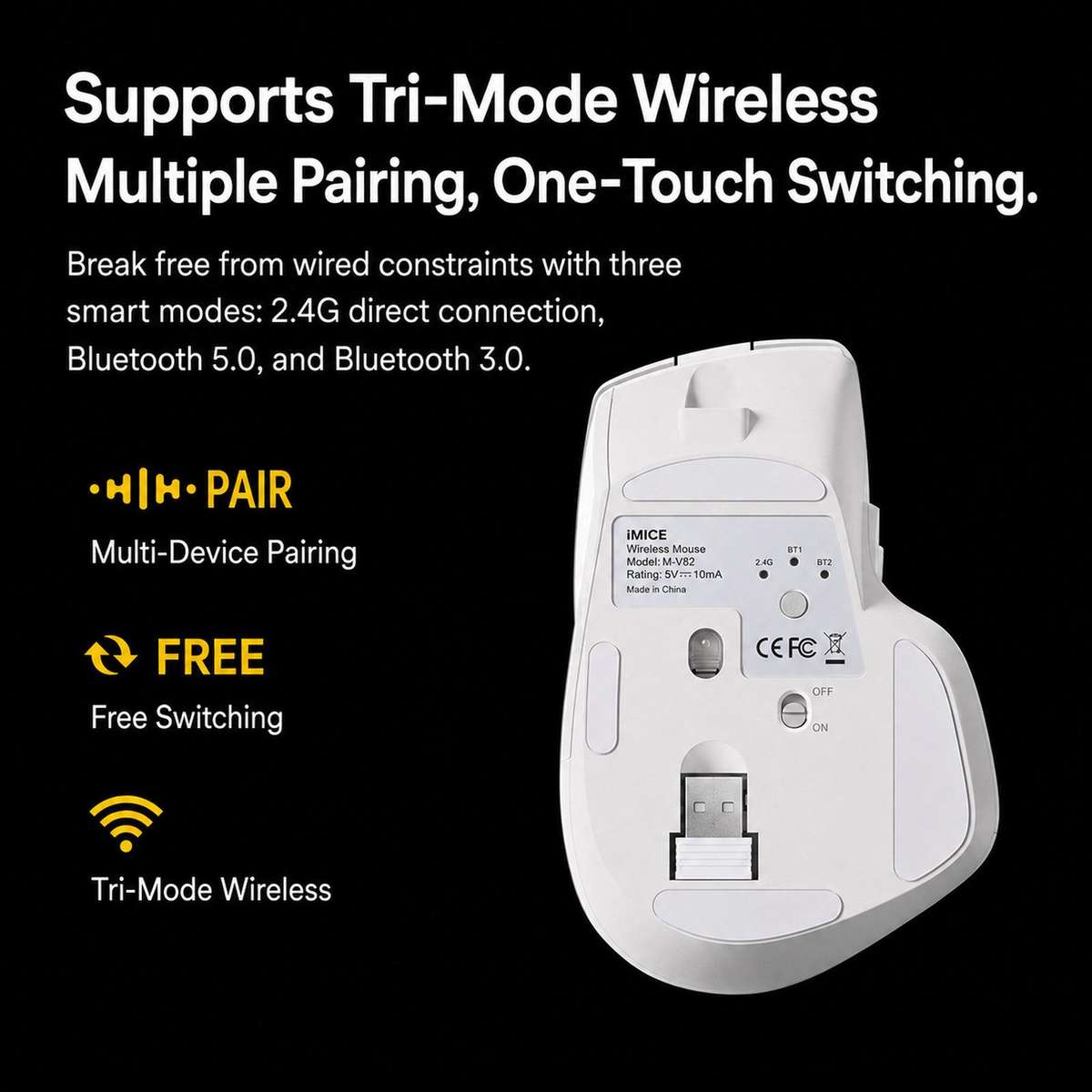 W&P M-WB2 Wireless Ergonomic Mouse Tri-Mode Bluetooth & 2.4G Silent Computer Mouse(Black)
