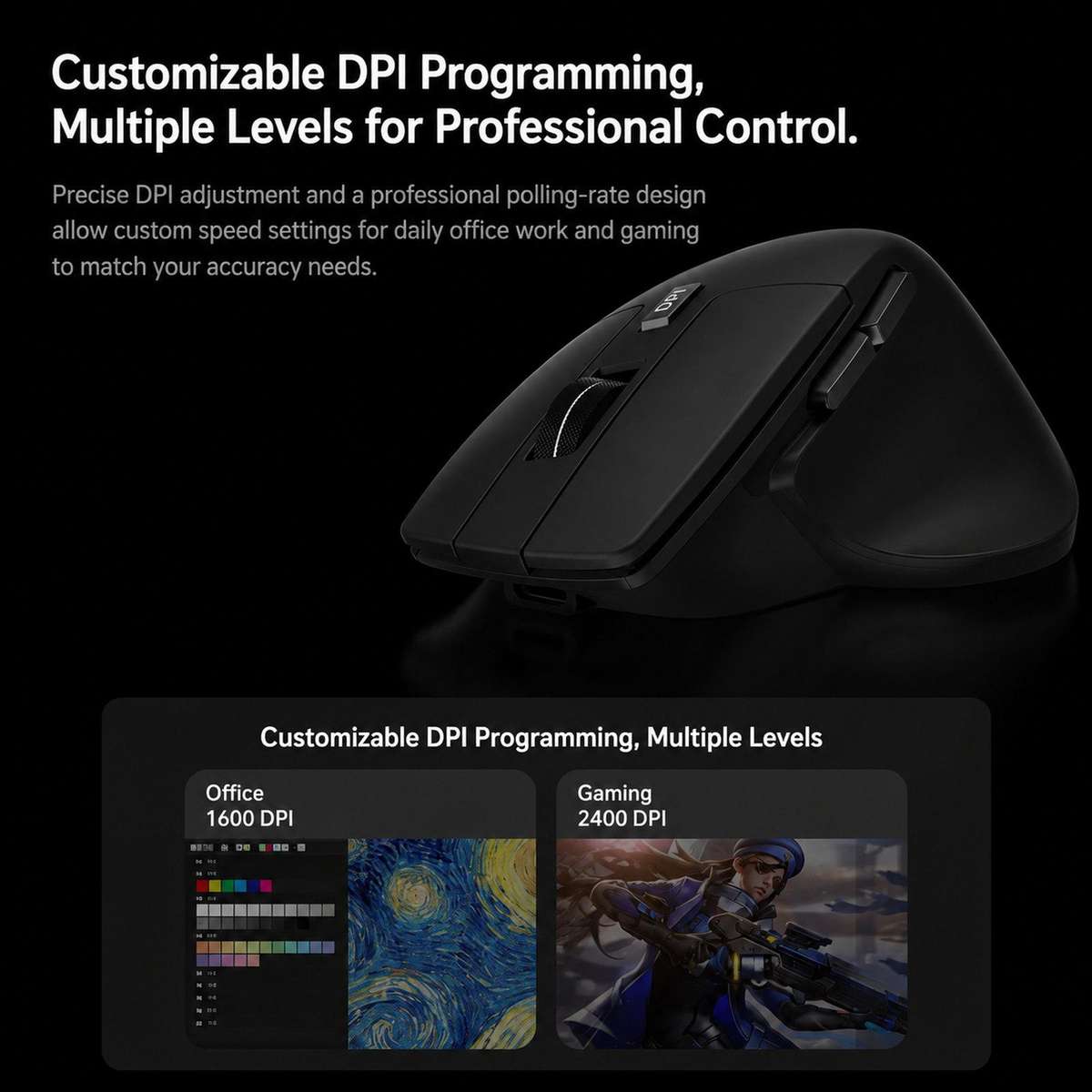 W&P M-WB2 Wireless Ergonomic Mouse Tri-Mode Bluetooth & 2.4G Silent Computer Mouse(Black)