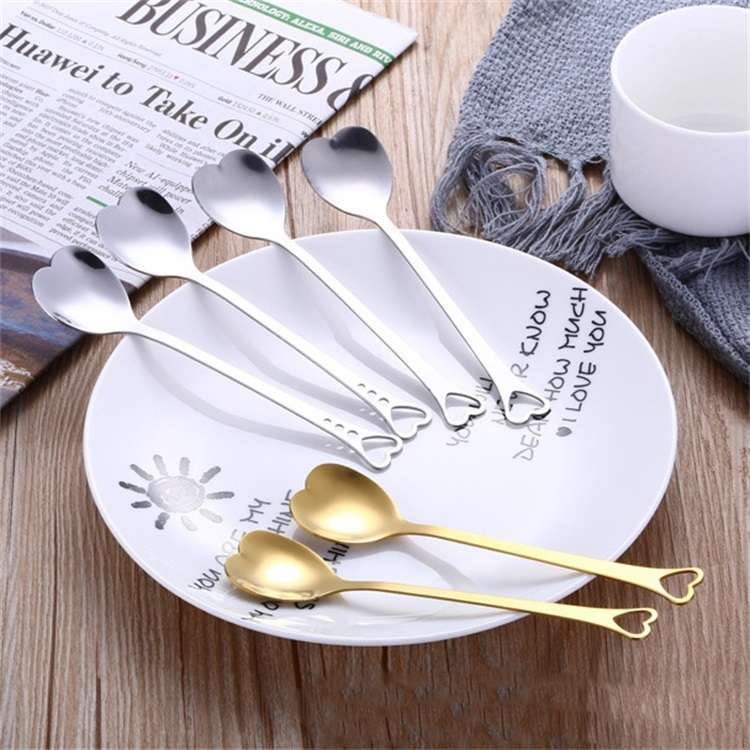 2 PCS Stainless Steel Spoon Portable Metal Coffee Teaspoon Creative Lo ... Silver Single Hole Love