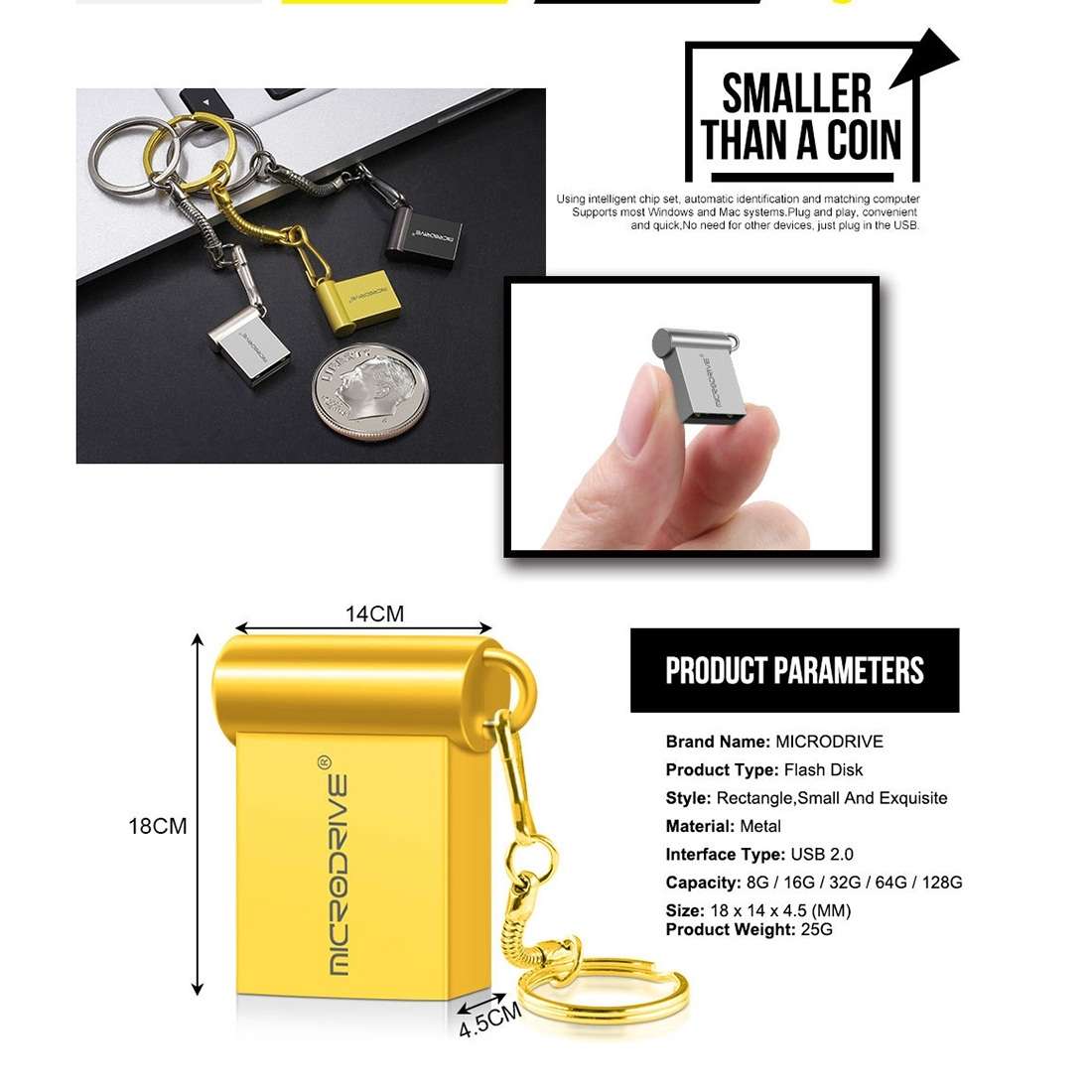 MicroDrive 8GB USB 2.0 Metal Mini USB Flash Drives U Disk (Gold)