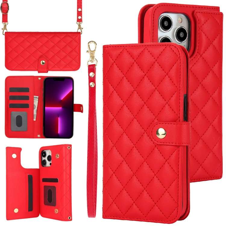For iPhone 13 Pro Crossbody Multifunction Rhombic Leather Phone Case(Red)