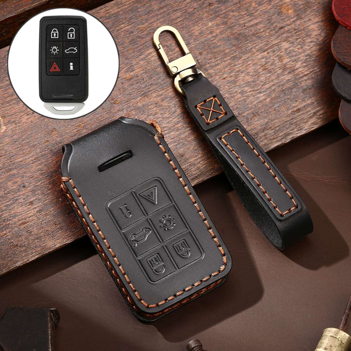 Hallmo Car Cowhide Leather Key Protective Cover Key Case for Volvo 6-button(Black)