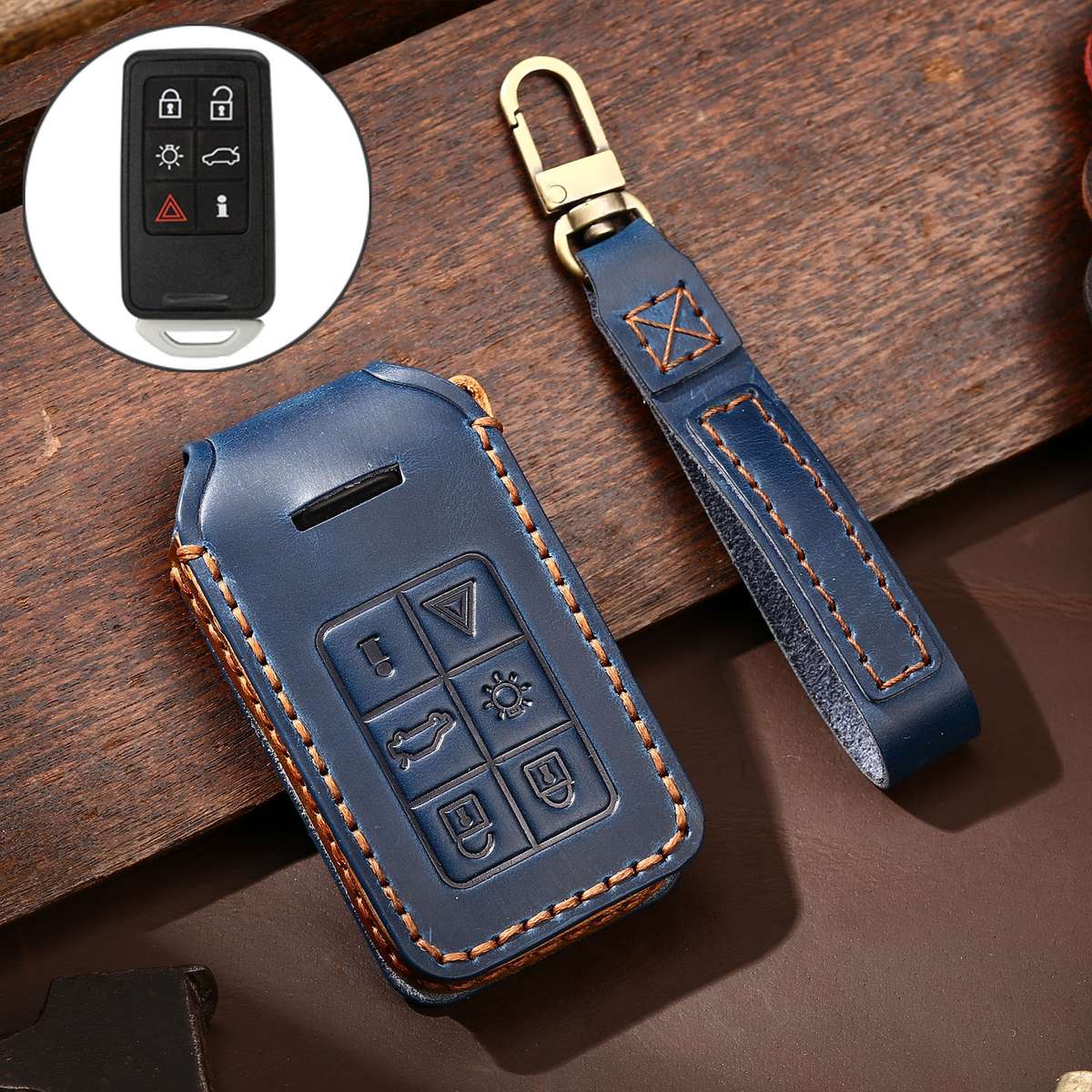 Hallmo Car Cowhide Leather Key Protective Cover Key Case for Volvo 6-button(Black)