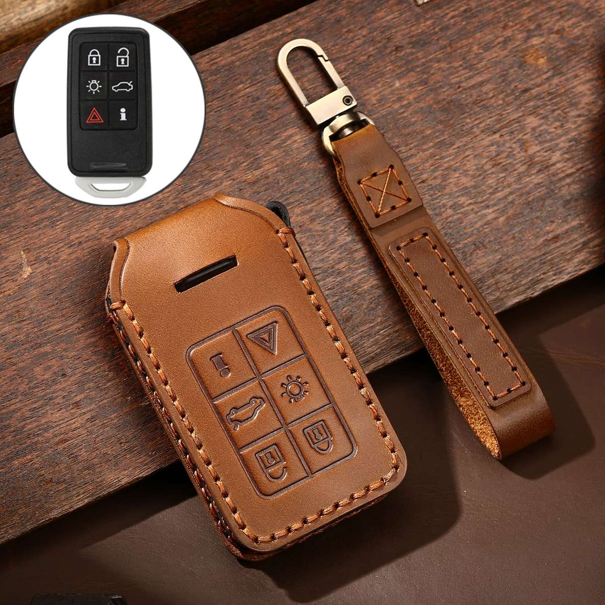 Hallmo Car Cowhide Leather Key Protective Cover Key Case for Volvo 6-button(Black)