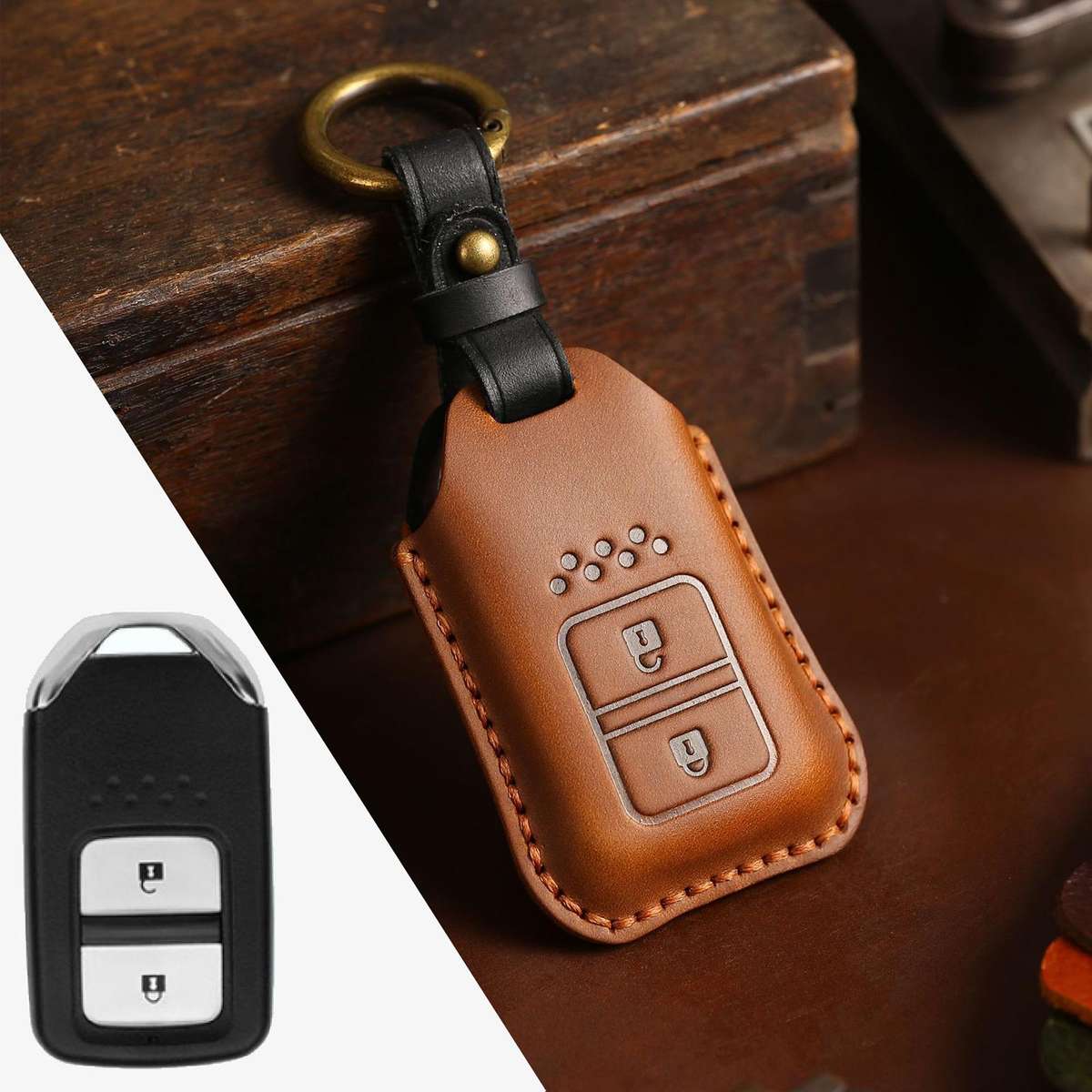 For Honda Car Cowhide Leather Key Protective Cover Key Case, Two Keys Version (Blue)
