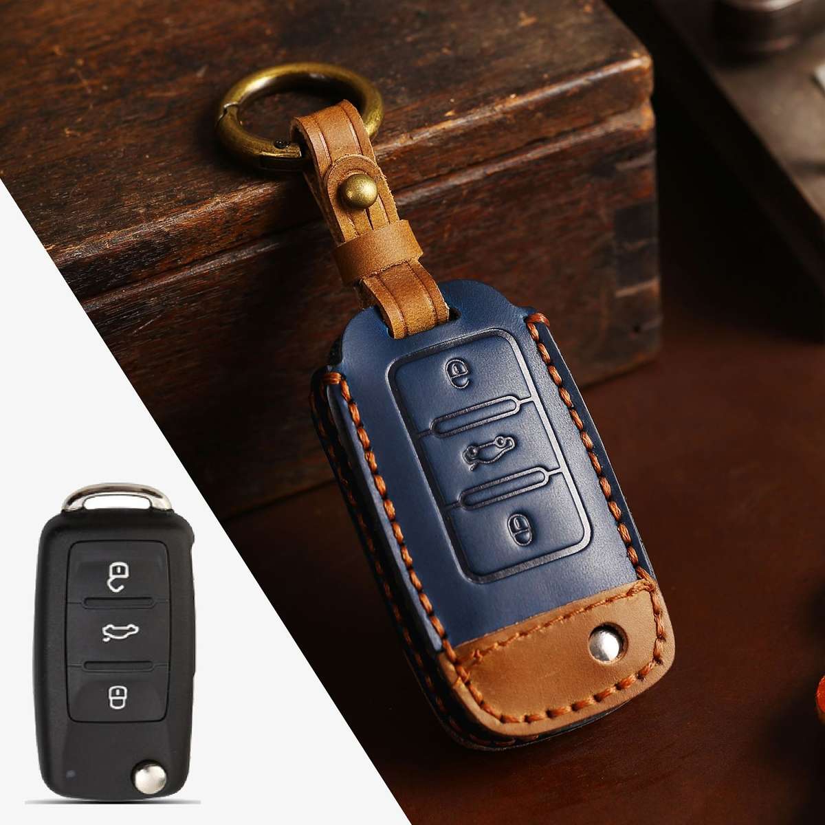 For Volkswagen Car Cowhide Leather Key Protective Cover Key Case, D Version(Blue)