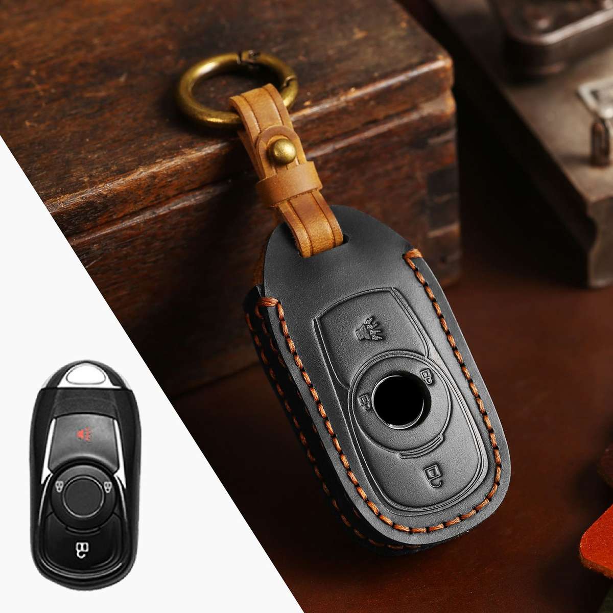 For Buick Car Cowhide Leather Key Protective Cover Key Case, Four Keys Version (Black)