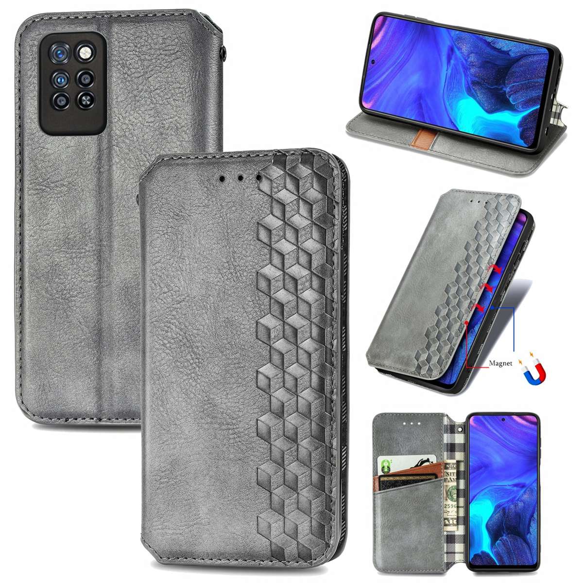 For Infinix Note 10 Pro Cubic Grid Pressed Horizontal Flip Magnetic PU Leather Case with Holder & Ca