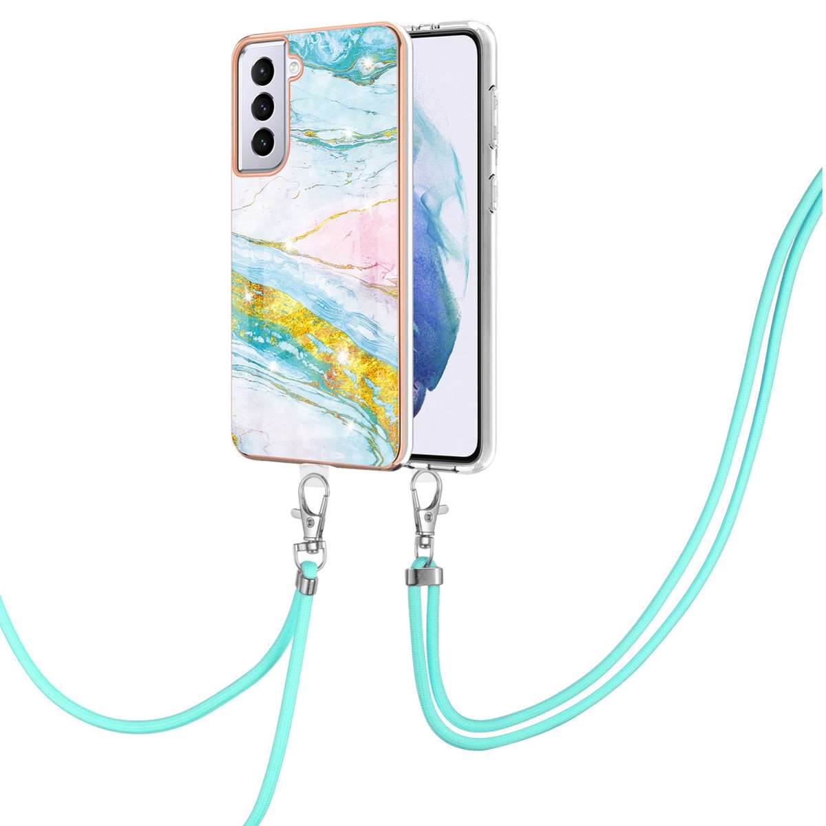 For Samsung Galaxy S21 5G Electroplating Marble Pattern IMD TPU Shockproof Case with Neck Lanyard(Ro