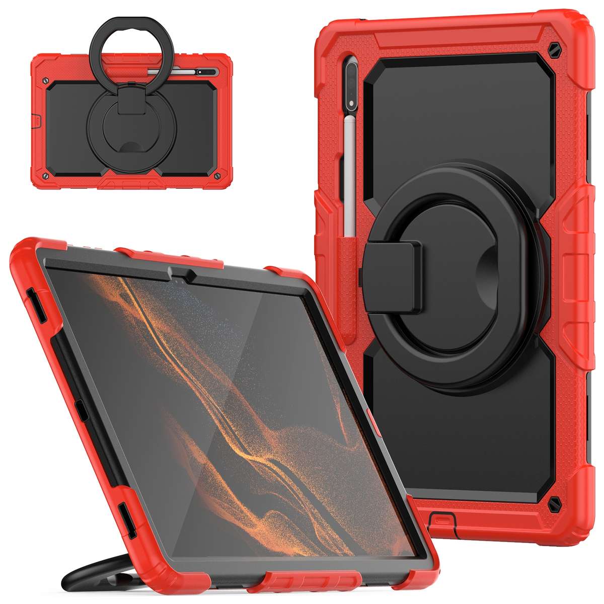 For Samsung Galaxy Tab S8 Ultra Shoulder Strap Silicone + PC Tablet Case(Black Rose Red)